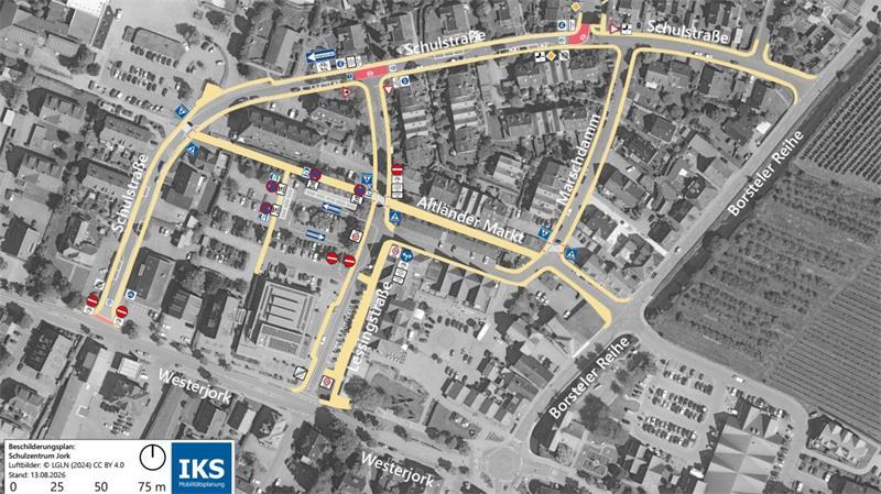 Die Karte zeigt den Beschilderungsplan der Verkehrsberuhigung rund um das Schulzentrum in Jork-Borstel.