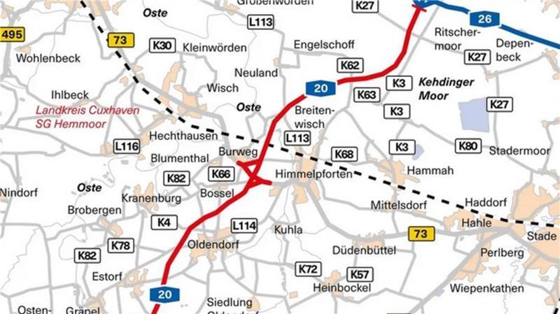 Nach Freigabe zweier Abschnitte: So ist der Stand der A20-Planung im Kreis Stade Die Karte zeigt den Streckenverlauf der A20 im Landkreis Stade, vom Kehdinger Kreuz bis nach Behrste.