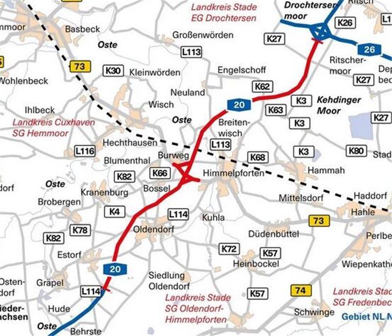 Die Karte zeigt den Streckenverlauf der A20 im Landkreis Stade, vom Kehdinger Kreuz bis nach Behrste.