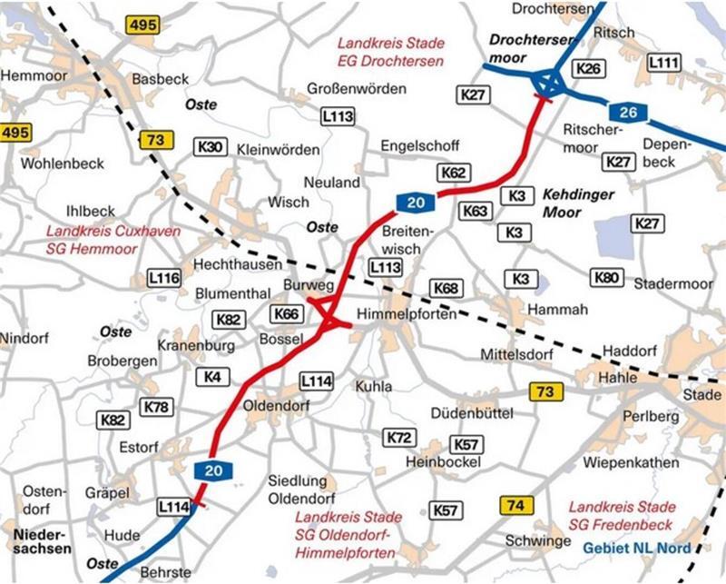 Die Karte zeigt den Streckenverlauf der A20 im Landkreis Stade, vom Kehdinger Kreuz bis nach Behrste.
