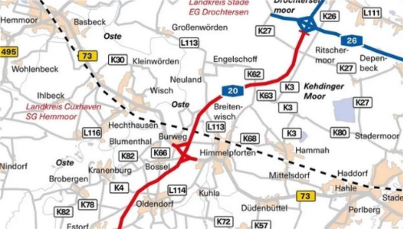 Die Karte zeigt den Streckenverlauf der A20 im Landkreis Stade.