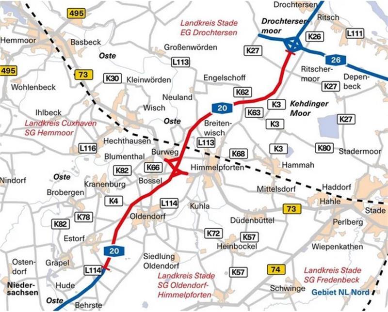 Die Karte zeigt den Streckenverlauf der A20 im Landkreis Stade, vom Kehdinger Kreuz bis nach Behrste. 