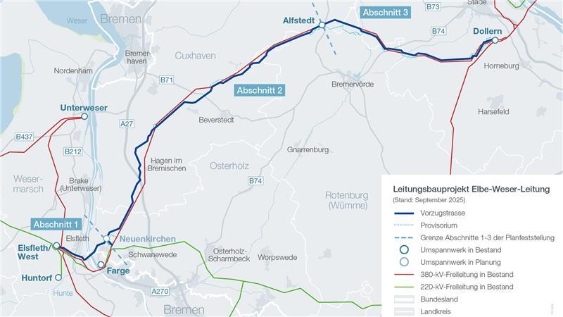 Die Karte zeigt den Verlauf der Freiluftleitung zwischen Elsfleth und Dollern.