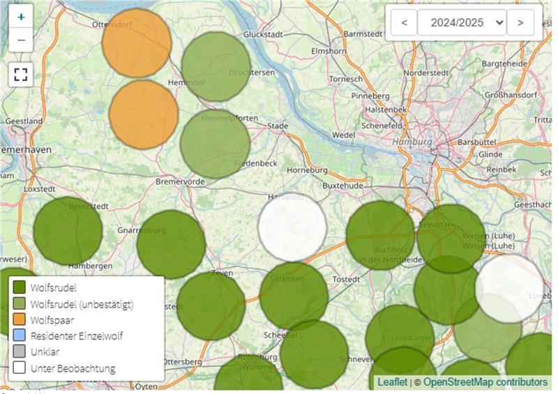 Die Karte zeigt den aktuellen Stand der Wolfsterritorien in Nordwest-Niedersachsen.