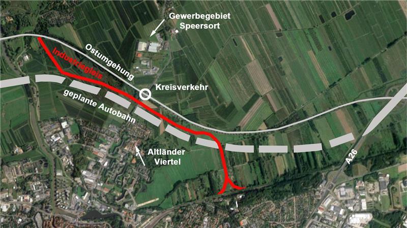 Letzte Chance: Gespräche über Finanzierung des Industriegleises laufen Die Karte zeigt den geplanten gemeinsamen Verlauf von A26 und Industriegleis im Stader Norden.