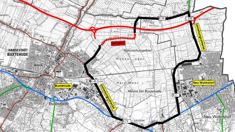Die Karte zeigt den gesperrten Bereich der Rübker Straße zwischen Buxtehude und Neu Wulmstorf und die Umleitungsstrecke.