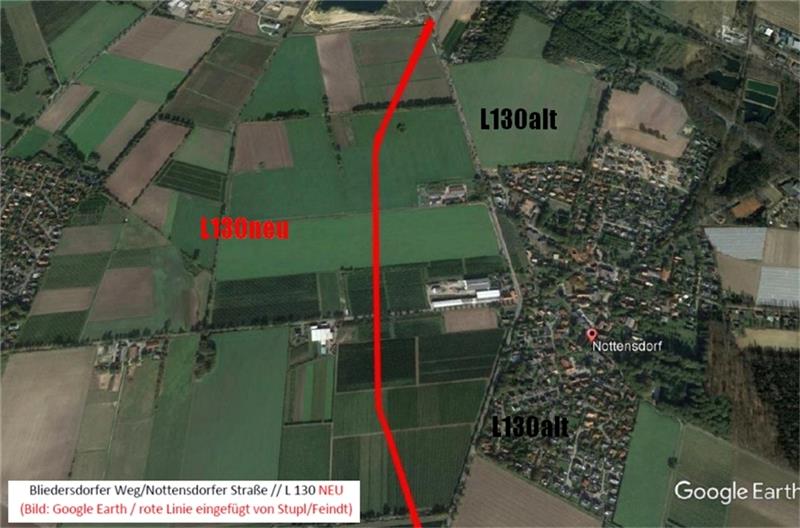 Die Karte zeigt den möglichen Verlauf der L130neu (Umghehung). Foto: Google Earth/Stupl