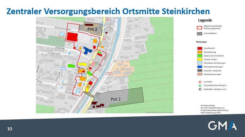 Experte fordert Ansiedlung von Discountern in der Samtgemeinde Lühe Die Karte zeigt den zentralen Versorgungsbereich der Samtgemeinde Steinkirchen (rot umrandet) mit den Potenzialflächen (schwarz schraffiert) für einen Discounter und einen Drogeriemarkt.