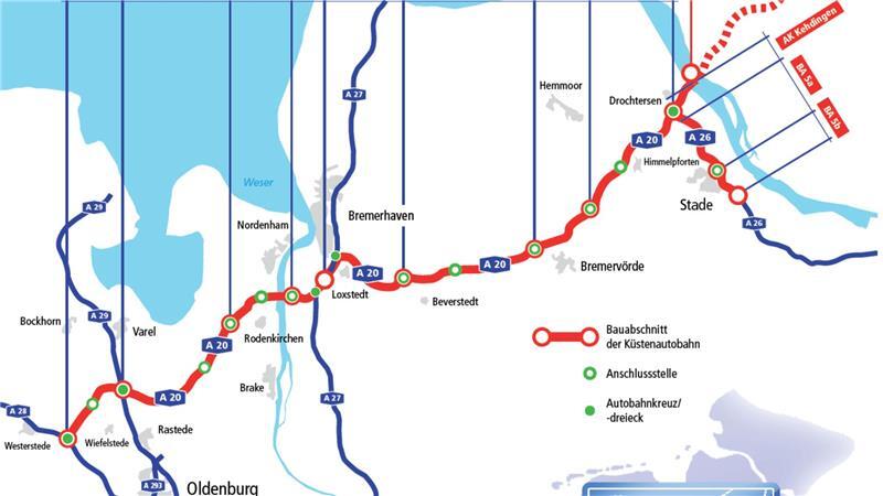 Die Karte zeigt die Bauabschnitte der Küstenautobahn in Niedersachsen und die Verlängerung der A26 von Stade nach Drochtersen.