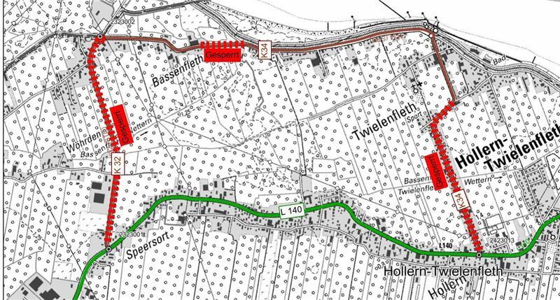 Vollsperrung der K32 und K34: Altländer müssen bis November anders fahren Die Karte zeigt die Baustellen an der Bassenflether (K32) und Twielenflether Chaussee (K32). Knapp 2700 Meter werden erneuert.