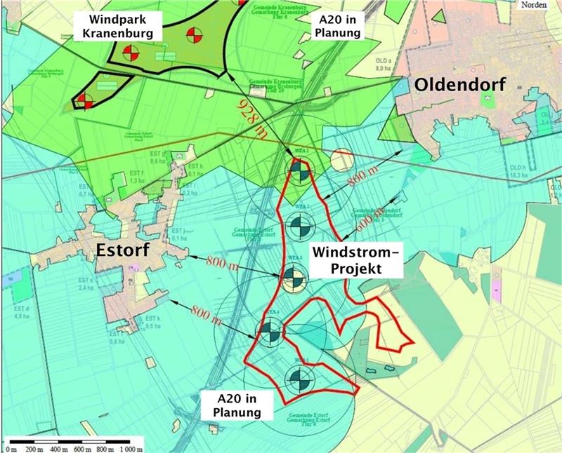 Die Karte zeigt die Fläche, die als mögliches Windvorranggebiet zwischen Estorf und Oldendorf gehandelt wird. Hier will die Firma Windstrom bis zu fünf Anlagen bauen. Karte: Windstrom/Tageblatt