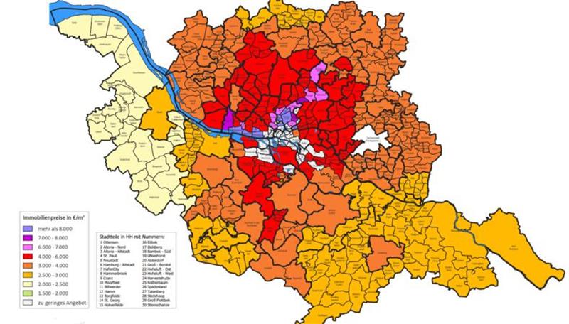 Die Karte zeigt die Immobilienpreise im Kreis Stade und der Region für gebrauchte Ein- und Zweifamilienhäuser in Euro pro Quadratmeter.