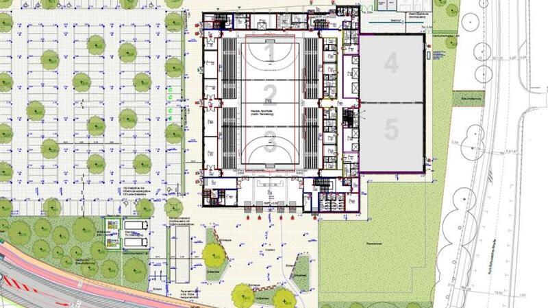 Die Karte zeigt die Lage der neuen Halle Nord auf dem Gelände der Integrierten Gesamtschule Buxtehude an der Konrad-Adenauer-Allee. Zu sehen sind die 180 Stellplätze links von der Halle und der Platz vor dem Eingangsbereich.