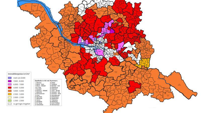 Die Karte zeigt die Preise für neugebaute Ein- und Zweifamilenhäuser im Kreis Stade und der Region in Euro pro Quadratmeter.
