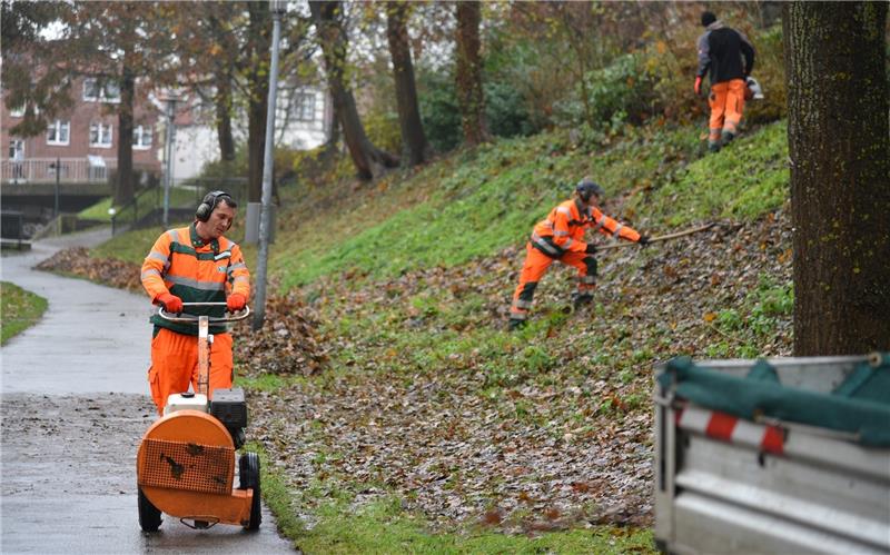 Die Kolonne beseitigt das Laub in den Wallanlagen (von links): Christian Weihs, Tjark von Rekowski und Vorarbeiter Alexander Bösch. Fotos. Beneke