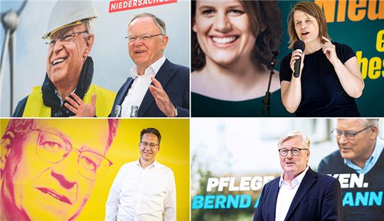 Die Kombo zeigt die Spitzenkandidaten der Parteien: Stephan Weil (SPD), Julia Willie Hamburg (Bündnis 90/Die Grünen), Stefan Birkner (FDP) sowie Bernd Althusmann (CDU). Foto: Frankenberg / Stratenschulte/dpa