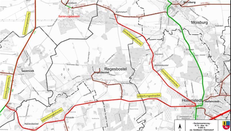 Die Kreisstraße 73 zwischen Goldbeck und Rahmstorf wird saniert und deshalb voll gesperrt. Die Umleitungstrecken werden ausgeschildert.