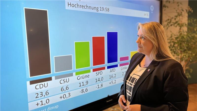 Die Landtagsabgeordnete und CDU-Kreisvorsitzende Melanie Reinecke verfolgt die Auszählung der Bundestagswahl in Stade.