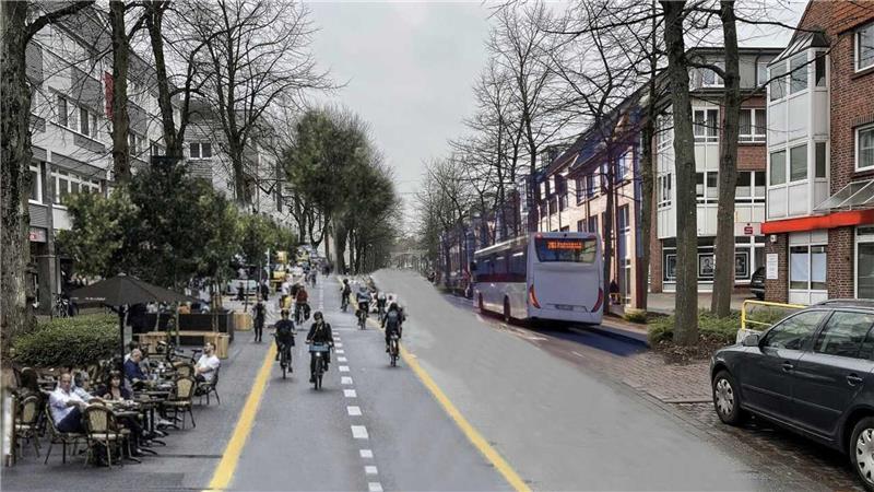 Verkehrsversuch Bahnhofstraße: Die zehn wichtigsten Fragen und Antworten Die Montage von Buxtehude fährt Rad zeigt, wie die Bahnhofstraße aussehen könnte.