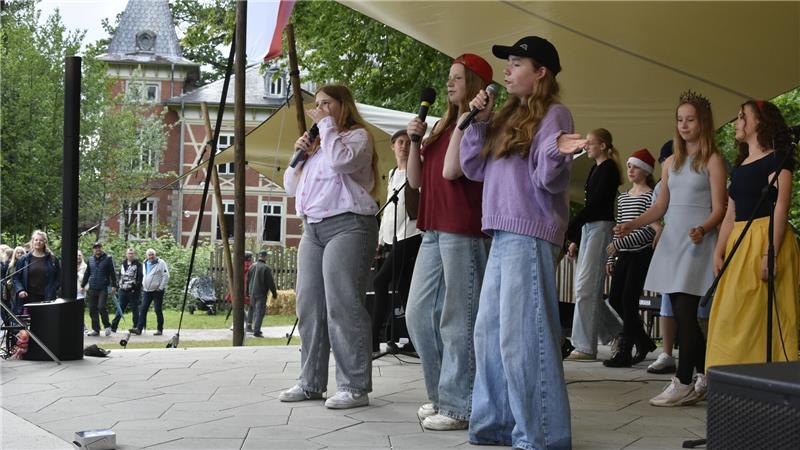 Schwertkampf bis einer zu Boden geht: Das war los auf der Burginsel Horneburg Die Musical-AG auf dern neuen Bühne mit der schönen Schlosskulisse im Hintergrund.
