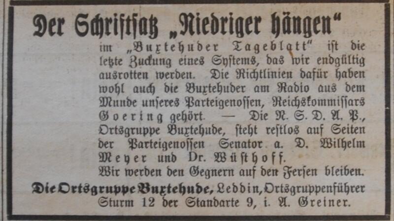 Die NSDAP greift TAGEBLATT-Verlegerin Dolly Schlikker öffentlich an - absurderweise auch über diese Anzeige in ihrer eigenen Zeitung.