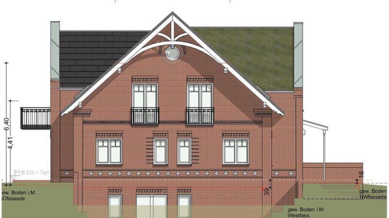 Die Nordost-Ansicht des geplanten Neubaus: Das Dach soll auf der einen Seite begrünt und auf der anderen Seite mit PV-Schindeln bestückt werden. Unten soll ein Atrium entstehen.