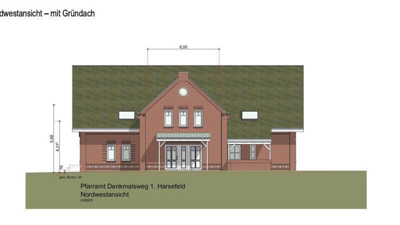 Die Nordwest-Ansicht des Neubaus: Die alte Eingangstür soll aufgearbeitet und im Neubau wiedereingesetzt werden.