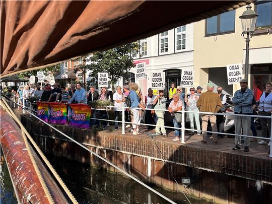 Die „Omas gegen Rechts“ demonstrieren in Buxtehude für die Pressefreiheit und werden von Bürgern unterstützt. Fotos: Vasel/Wisser