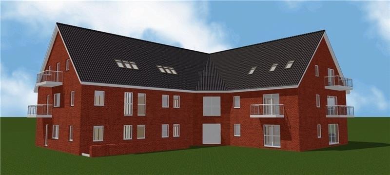 Die Ostansicht des Gebäudeentwurfs: Zwei Vollgeschosse und ein Dachgeschoss wird das neue Mehrfamilienhaus haben. Foto Kossendey