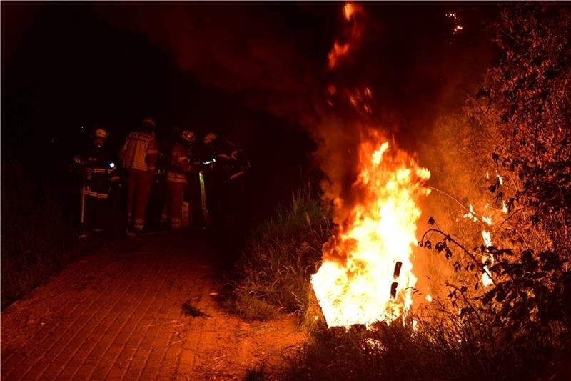 Die Parkbank brennt lichterloh, die Feuerwehrleute bereiten den Löschangriff vor. Foto: Beneke