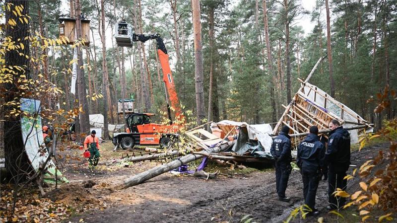 Die Polizei holt Tesla-Gegner von Bäumen im aufgelösten Protestcamp in Grünheide bei Berlin.
