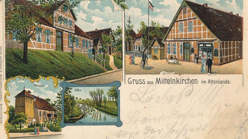 Die Postkarte zeigt Somfleth's Hotel - auf dem Deich - und das Gasthaus mit dem Krämerladen an der Straße sowie Kirche und Lühe vor dem Ersten Weltkrieg.