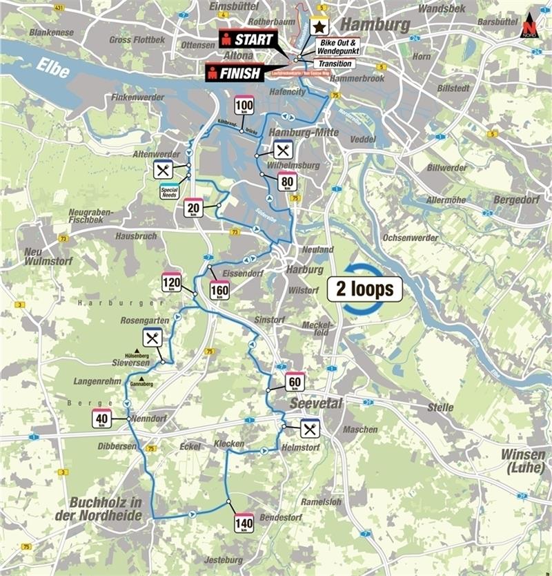 Die Radstrecke beim Ironman sorgt für Vollsperrungen im Landkreis Harburg. Wer mit dem Auto in oder aus die mit der blauen Linie umfassten Bereiche möchte, sollte die Autobahn nutzen, rät der Veranstalter.
