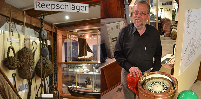 Die Reepschlägerei gehörte zu den Handwerken der Schifffahrt. Rechts: Museumsleiter Volker von Bargen mit seinem Lieblingsstück, einem Kompass. Fotos Helfferich