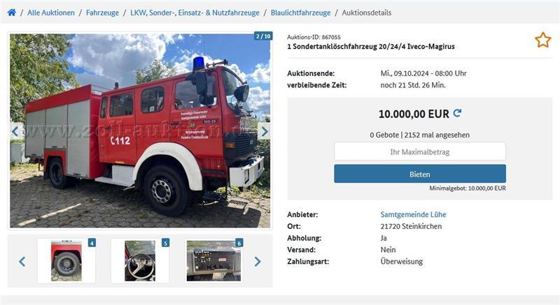 Wer bietet mehr: Samtgemeinde Lühe versteigert altes Feuerwehrauto Die Samtgemeinde Lühe versucht, das gut 30 Jahre alte Tanklöschfahrzeug der Feuerwehr Hollern-Twielenfleth unter den Hammer zu bringen (Screenshot).