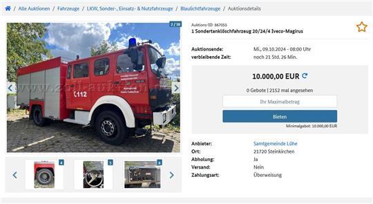Die Samtgemeinde Lühe versucht, das gut 30 Jahre alte Tanklöschfahrzeug der Feuerwehr Hollern-Twielenfleth unter den Hammer zu bringen (Screenshot).