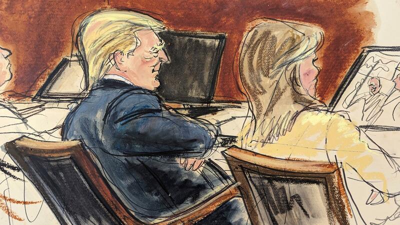 Verleumdungsprozess: Richter droht Trump mit Ausschluss Die Skizze zeigt Donald Trump neben seiner Anwältin im Gerichtssaal in New York.
