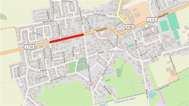 Oldendorf hat die Hauptstraße im Blick: Bauprojekt soll ab Mai Fahrt aufnehmen Die Skizze zeigt den Ausbau-Abschnitt der Hauptstraße in Oldendorf als rote Linie.
