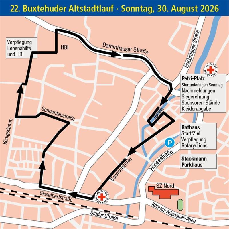 Mehr als 2300 Teilnehmer beim Alstadtlauf – Wo Buxtehude gesperrt wird Die Skizze zeigt den Streckenverlauf.