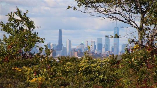 Die Skyline von Manhattan, im Vordergrund das Naturschutzgebiet Jamaica Bay Wildlife Refuge.