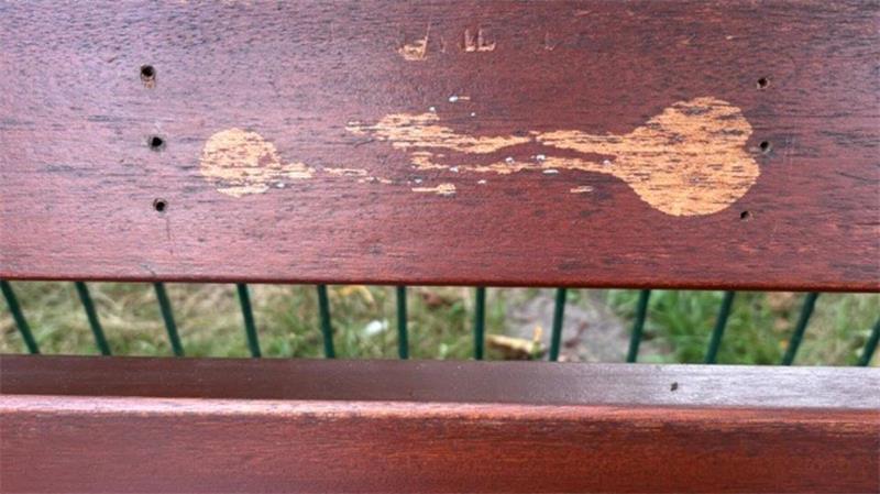 Die Spuren im Holz erinnern daran, dass hier Plaketten in Gedenken an einen Verstorbenen befestigt waren. Unbekannte haben mittlerweile zwei Mal die Trauerstelle an der Sitzbank am Mühlenteich zerstört.