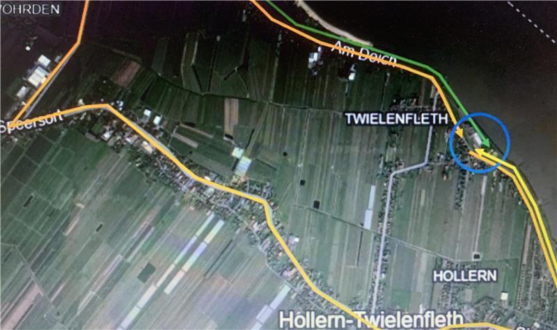 Die Strecke beim Stackmann-Triathlon Altes Land. Gelb kennzeichnet den Rad-Rundkurs. Grün ist die Laufstrecke Richtung Bassenfleth.