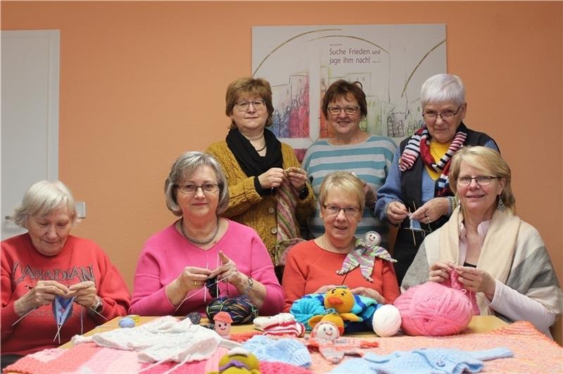 Die Stricklieseln, untere Reihe von links: Gisela Wutzke, Edeltraud Kalisch, Elisabeth Wiering und Ellen Edeler. Obere Reihe von links: Doris Koch, Ilse Madaus und Eva-Maria Schawohl. Nicht auf dem Bild: Gabi Wolf, Renate von Krenski und Bi