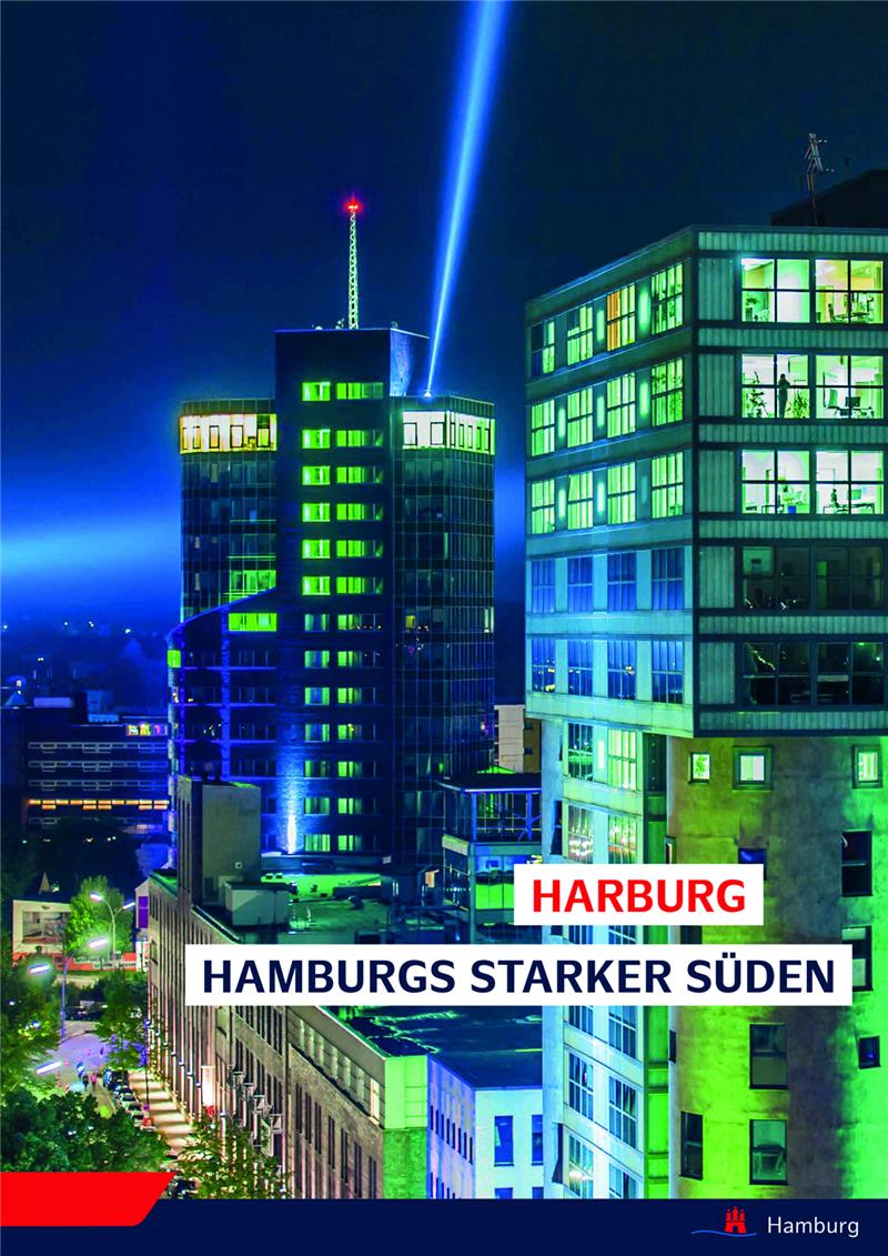 Die Titelseite der Broschüre zeigt ein Bild aus dem bei Investoren beliebten Harburger Binnenhafen.