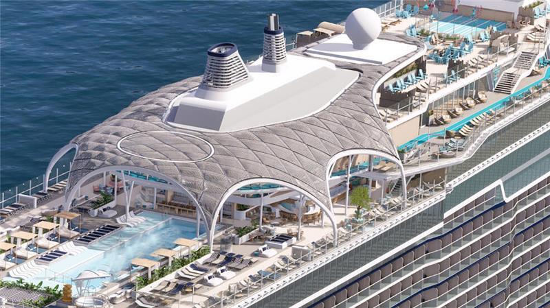 Meeresgiganten: 2025 schippern diese neuen Kreuzfahrtschiffe los Die Überdachung des Außenpools auf der „Mein Schiff Relax“ soll an Flechtwerk erinnern.