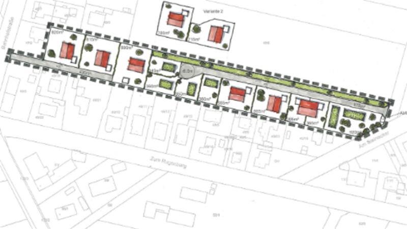 Die Unterkunft für Geflüchtete soll auf dem ersten Grundstück Am Steinacker gebaut werden. Tiny Häuser (grün) könnten nach der Ideenskizze der Planer am Ende der Erschließungsstraße entstehen.