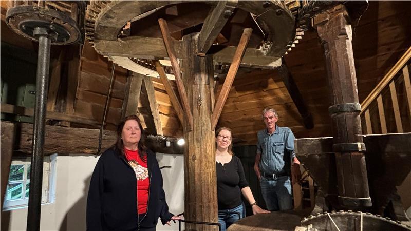 Buxtehuder Wassermühle von Würmern befreit Die Vereinsvorsitzende Ilse Bach (von links), Denkmalschützerin Casha Ipach und Rüdiger Drees (Grundstücks- und Gebäudebewirtschaftung) am Mahlwerk der Wassermühle Ovelgönne. Das Mahlwerk war besonders von Holzwürmern befallen.