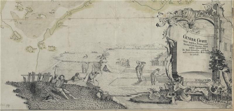Die Vignette auf Findorffs Moorkarte von 1755 zeigt Moorbauern bei der harten Arbeit und in Ruhepausen. Karte: Landesarchiv Stade/ Neu Nr. 10120