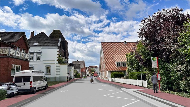 Straßenschäden: Tempo 30 durchgehend in Steinkirchen und Grünendeich Die Visualisierung der Niedersächsischen Landesbehörde für Straßenbau und Verkehr zeigt den Bereich Bürgerei - in Richtung Rathaus/Kirche.