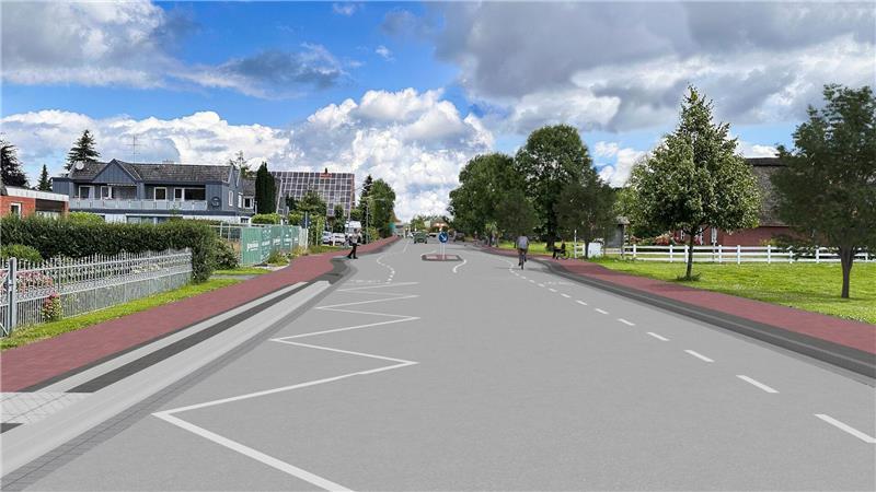 Straßenschäden: Tempo 30 durchgehend in Steinkirchen und Grünendeich Die Visualisierung der Niedersächsischen Landesbehörde für Straßenbau und Verkehr zeigt den Bereich an der Hogendiekbrücke - mit Querungshilfe und Bushaltestellen.